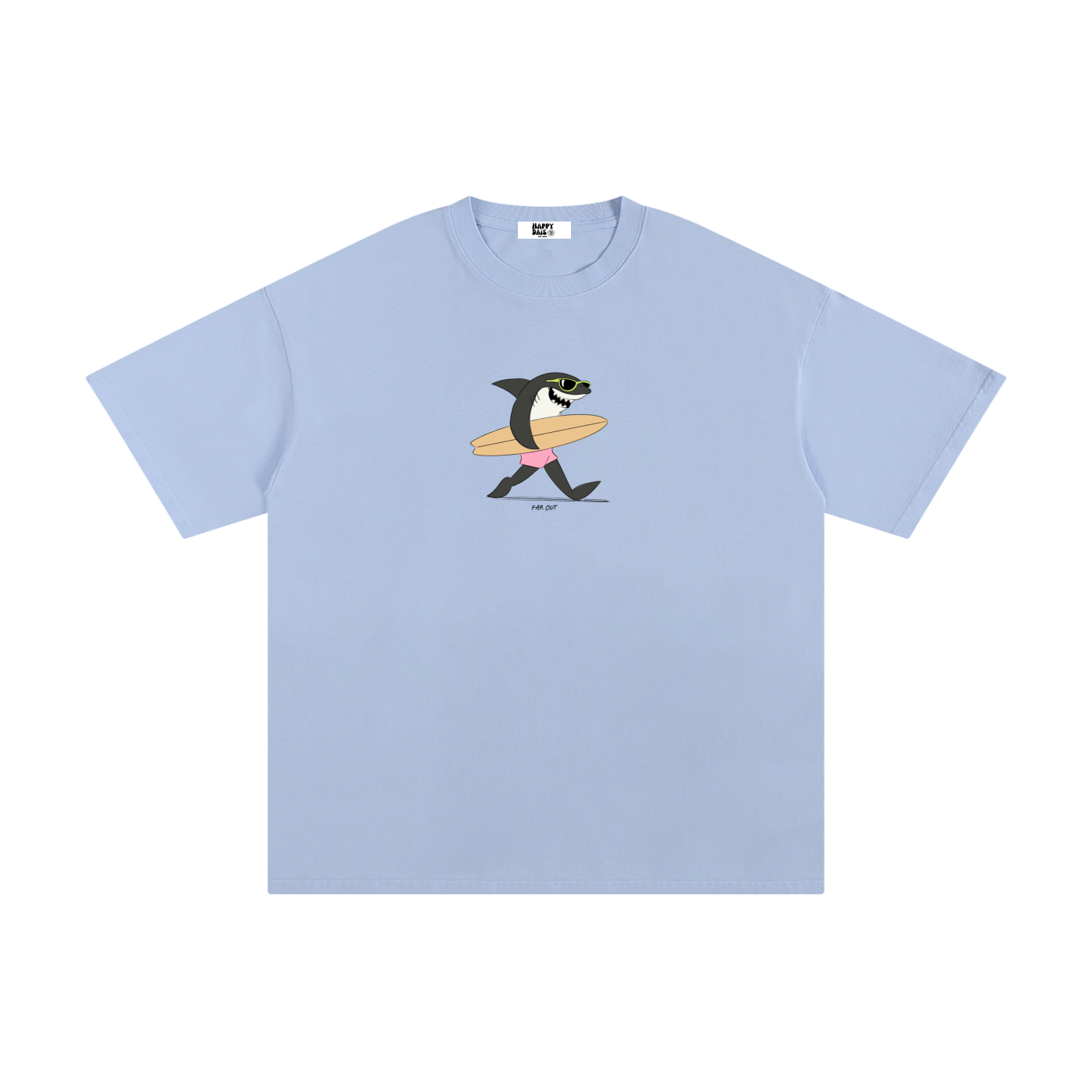 Light blue t-shirt with a cartoon shark design on a white background