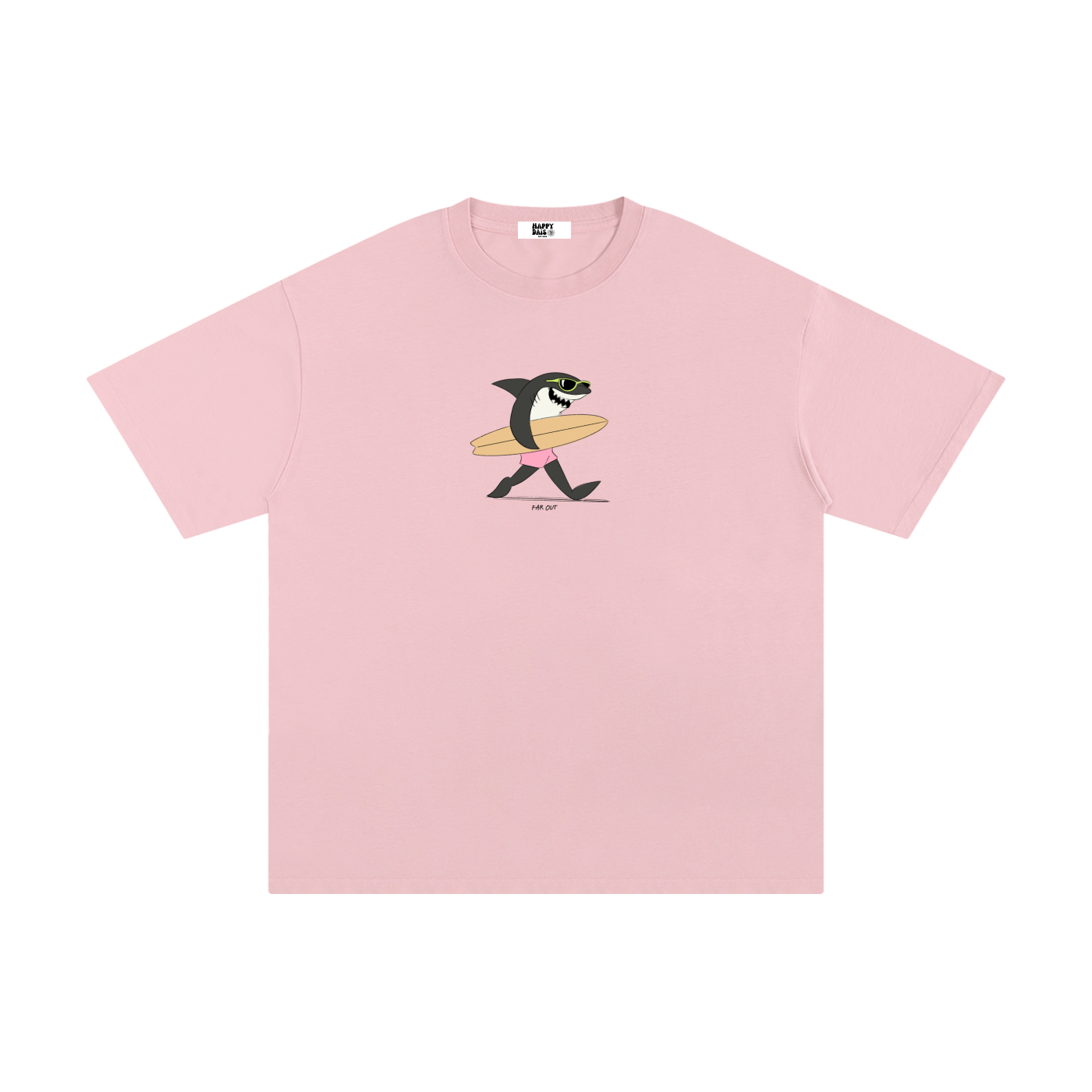 Pink t-shirt with a shark holding a surfboard graphic on a white background
