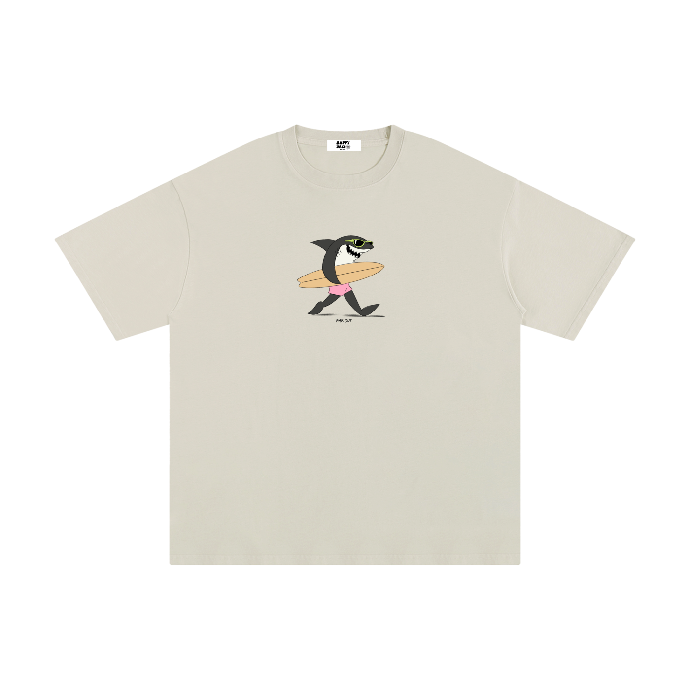 Beige t-shirt with a shark graphic holding a surfboard on a white background