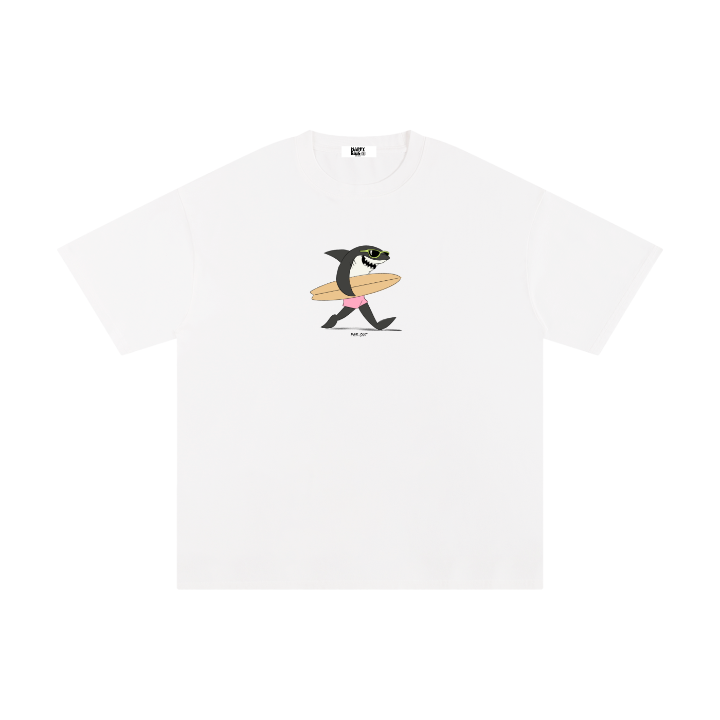 White t-shirt with a shark holding a surfboard graphic on a white background