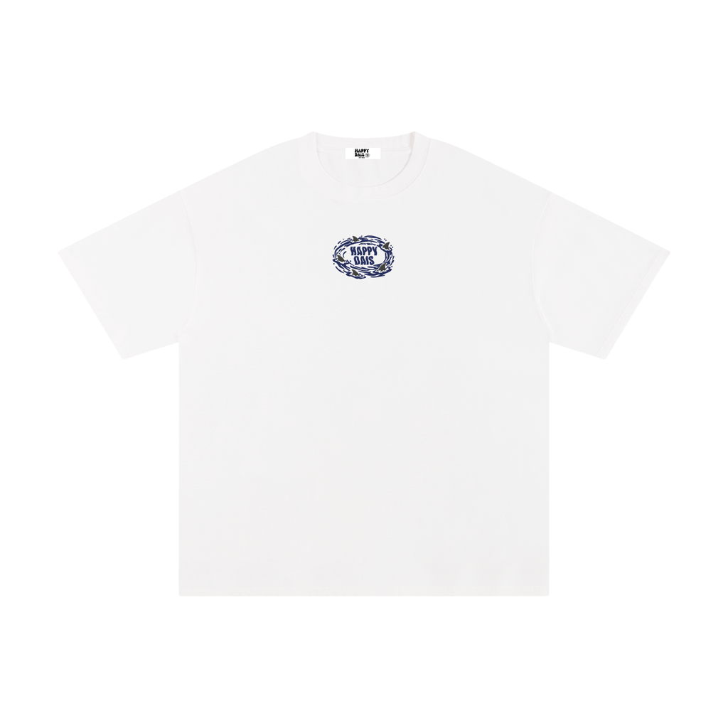 white surf graphic t-shirt with shark ocean design happy dais