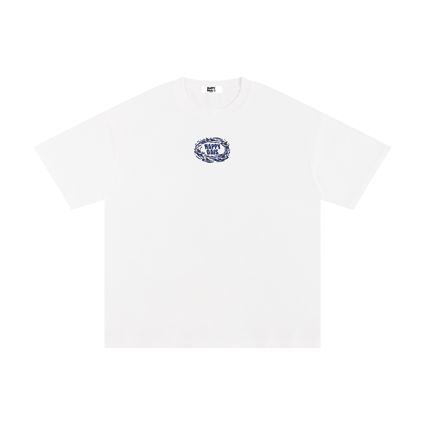 white surf graphic t-shirt with shark ocean design happy dais