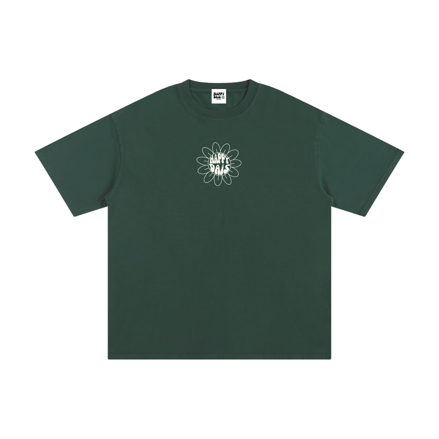 oversized green t shirt with happy dais flower graphic