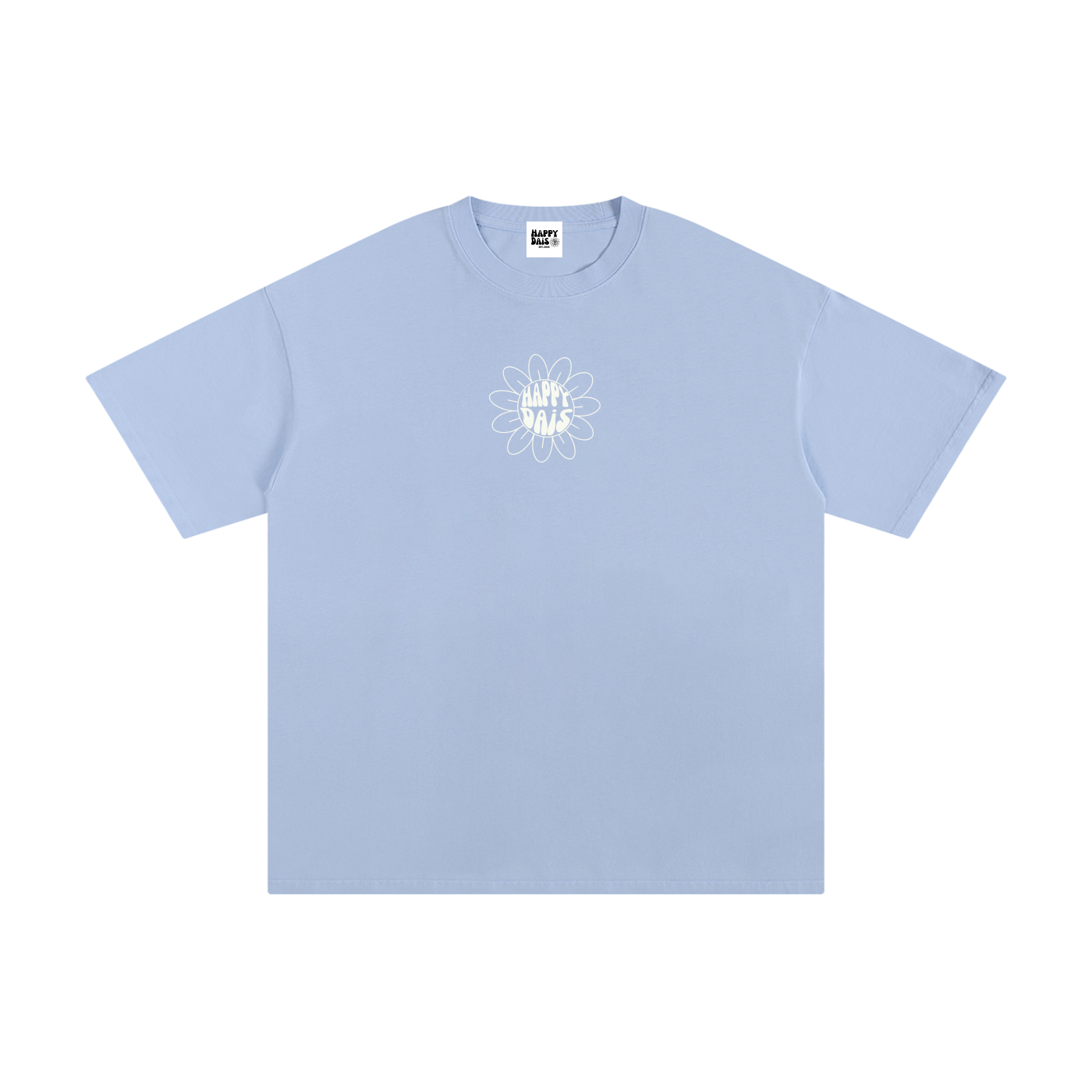 oversized light blue t shirt with happy dais flower graphic
